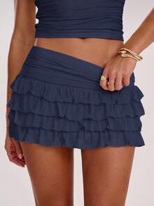 SHEIN BAE Women's Solid Color Ruffle Hem Short Skirt, Fashion Summer