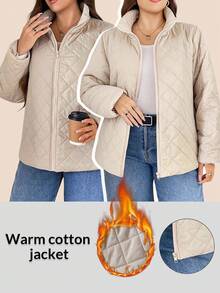 SHEIN LUNE 大码女式纯色长袖拉链休闲冬季外套，飞行夹克，长袖保暖升级外套女士冬装女士冬装万圣节服装，万圣节外套工作服女士通勤简约办公室老款外套，适合日常穿着，通勤，极简主义，优雅时尚的通勤，休闲休闲风格，纯色，女士秋季服装秋季 - 杏色 - 查看 9