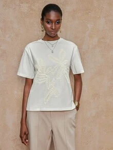 Firerie VITNOS New Fall/Winter High-End Women's Casual Everyday Commuter Elegan Women's Elegant Embroidered Solid Color Loose Cotton T-Shirt, Spring/Summer Autumn, Night Out, Parties, Date Night, Country, Homecoming, Casual, Holiday Vacation - Beige - View 3