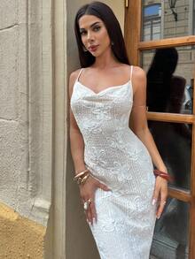 Firerie Women's Casual Elegant Jacquard Slit Slip Dress - Apricot - View 9