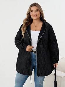 SHEIN CURVE+ Women's Plus Size Front Zipper Long Sleeve Hooded Jacquard Windbreaker Jacket, Casual Everyday Wear, Autumn Winter Fall/Autumn /Winter - Black - View 6