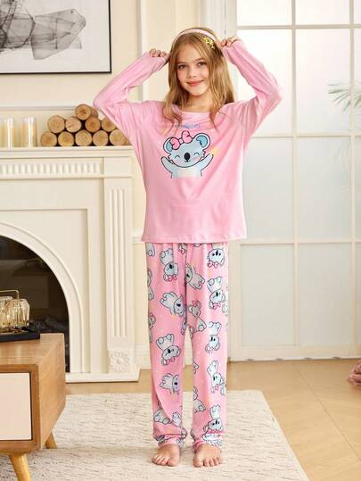 Cute Koala & Star Print Sleepwear For Tween Girls, Pink And Blue Autumn Casual Sleep Pajamas Set Teen Tween Girls Kawaii Pajamas For Girl