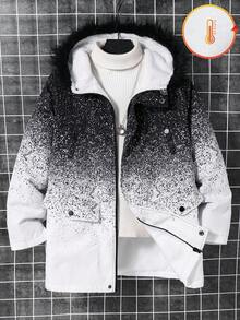 SHEIN Tween Boys' Casual Ombre Pattern Thermal Lined Hooded Mid-Length Thick Woven Jacket Parka Coat, Suitable For School, Garden, Beach, Birthday, Spring, Summer, Autumn, Winter Fall - Black and White - View 2