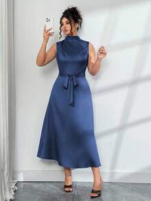 Elenzga Plus Size Elegant Solid Color Stand Collar Dress, Summer - Blue - View 3