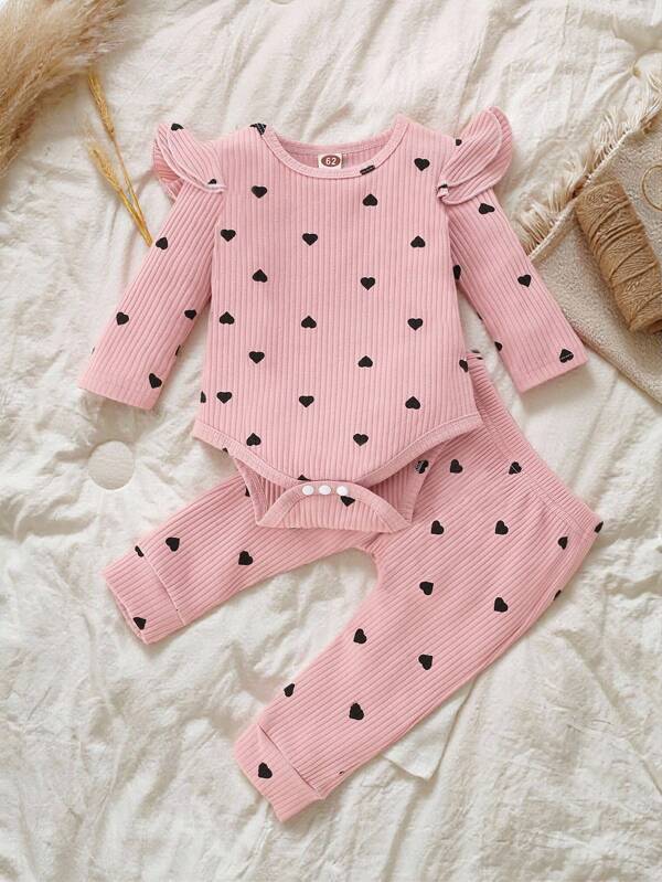 SHEIN Vintaside Kids Baby Girl Heart Print Ruffle Trim Bodysuit & Sweatpants Chic Outfits For Autumn/Winter