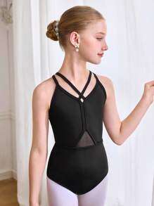 SHEIN Bộ đồ liền thân thể thao cho bé gái tuổi mới lớn, Bộ đồ liền thân múa ba lê màu đen ôm vừa vặn với thiết kế khoét lưng thanh lịch (Đan + lưới co giãn), Bộ đồ liền thân thể dục thoải mái, Phù hợp với mọi mùa, Quần áo trở lại trường - màu đen - Xem 5