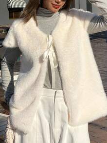 DAZY 女式毛茸茸系带无袖宽松蓬松夹克秋冬仿皮草大衣 - 米色 - 查看 1