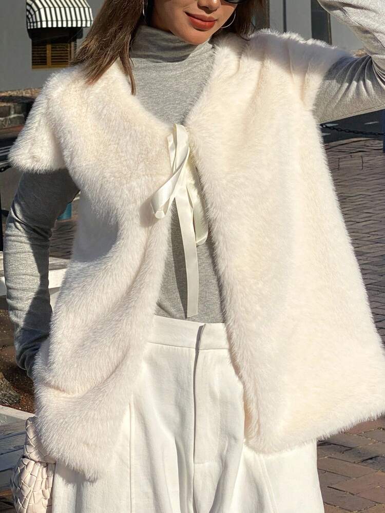 Women's Furry Tie-Up Sleeveless Loose Fluffy Jacket Fall, Winter Faux Fur Coat