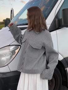 DAZY 女士翻领装饰宽松休闲都市夹克冬季女式外套 - 淺灰色 - 查看 7