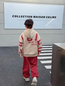 青少年男孩休闲韩版宽松大号字母图案连帽衫和松紧腰裤套装，适合秋季/春季、户外玩耍、学校、街头风格、派对和休闲 - 紅色 - 查看 1