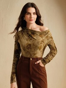 Anewsta Women's Long Sleeve Fashionable Asymmetrical Shoulder Tie-Dye Flocked Floral Top - Yellow - View 3