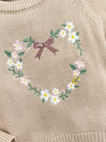 SHEIN 女婴圆领插肩袖针织毛衣，带心形刺绣 - 卡其色 - 查看 4