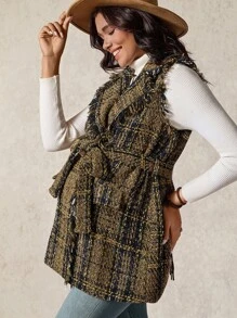 Boho Mama 孕妇格子翻领双排扣无袖优雅常规外套 - 棕色 - 查看 4