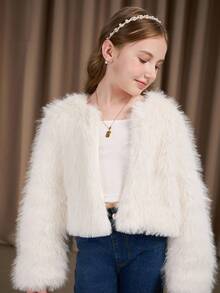 SHEIN 女孩休闲人造毛皮夹克，可爱时尚风格，白色蓬松舒适，适合春季、夏季、秋季，非常适合户外、购物、聚会 - 白色 - 查看 2
