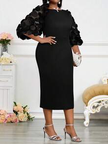 Fleurora 2025 New Plus Size Women's Spring And Fall Casual Elegant Bohemian Style Black Round Neck Knitted Three-Dimensional Floral Fabric Mesh Splicing Puff Sleeve Wedding Dress Plus Size Dress Holiday Clothing For Women,Elegant Dresses For Women Wedding Guest Dress For Women  Party Dress Halloween Costumes,Fall Clothes For Women,Wedding Party Dress Black Midi Dress Elegant Black Dress Black Dress With Sleeves Midi Dress For Church Black Sheath Dress Winter Dress Women New Year Dress - Black - View 6