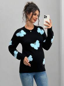 SHEIN 孕妇休闲蝴蝶图案圆领落肩毛衣，秋冬 - 黑色 - 查看 5