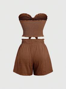 Sweetra Women's 2pcs Solid Brown Minimalist Daily Twist Front Tube Top And Shorts Set, Fitted - Mocha Brown - View 2