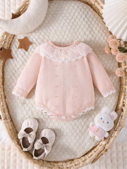 SHEIN 女婴针织圆领长袖毛衣连体衣，适合秋冬季，粉色和浅粉色，百搭日常穿着，优雅蕾丝领口，适合居家、户外、旅行