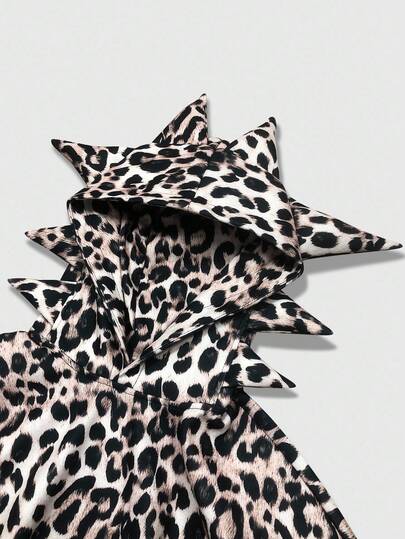 Street Life Sudadera con capucha de estilo corto y suelto con estampado de leopardo y antenas asimétricas para hombre, otoño