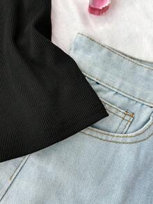 Áo thun tay ngắn bó sát, họa tiết ren chắp vá, màu tương phản đen trắng, ngày lễ tình nhân xuân/hè dành cho bé gái, nhà cửa giản dị, cô gái sạch sẽ, phong cách BM Mỹ, Y2K - màu đen - Xem 5