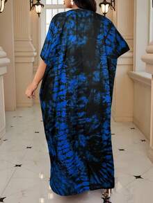 SHEIN Lady 2025 新款春夏秋冬优雅黑蓝色编织缺口长袍连衣裙蕾丝领度假大码连衣裙节日皇家蓝针织圆领喇叭袖荷叶边褶皱中长短袖大码连衣裙 - 藍色 - 查看 2
