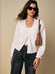 Poéselle Cárdigan de punto bordado para mujer, suéter de manga larga con botones y estampado floral, ropa exterior suave para otoño, blusa esponjosa, pantalones de pijama para el Día de Acción de Gracias y Halloween, suéteres de otoño para mujer, cárdigan de mujer - Blanco - Ver 6