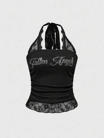 Grunge Punk Top aderente da donna con scollo alla canottiera, con patchwork di strass e pizzo, stile punk