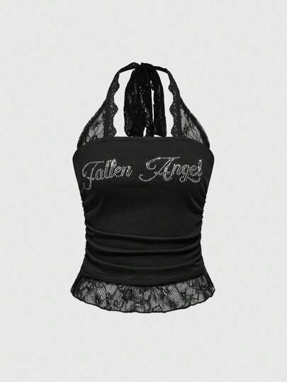 Grunge Punk Top aderente da donna con scollo alla canottiera, con patchwork di strass e pizzo, stile punk