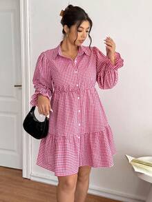 SHEIN Frenchy Plus Size Women's Open Front Plaid Long Sleeve Short Dress, Casual Outgoing Date Fashion Crimson Red Dress