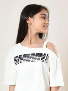 SUMWON 少女单肩印花套装阔腿裤夏季休闲运动服两件套Logo设计街头风穿搭 - 白色 - 查看 5