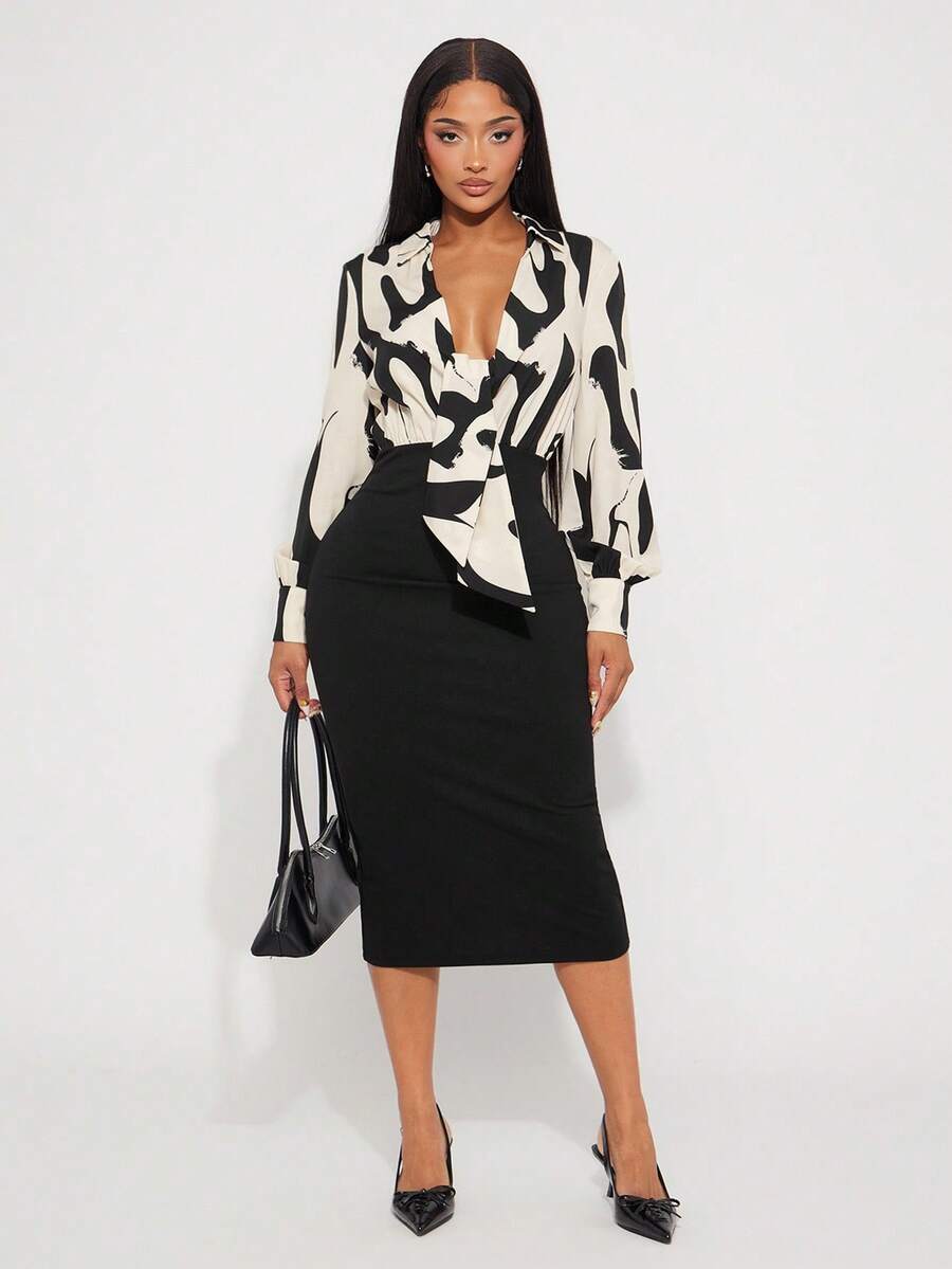 Radiana Women's Elegant Black & White Striped Long Sleeve Bodycon Dress, Fashion Business Commuter Dress For Work, Party, Gathering Shirt Dress Midi Dress Business Casual Dress Hip Skirt