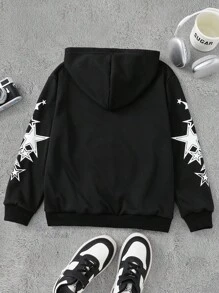PAVTROS Star Print Streetwear Tween Boys Hooded Zip Up Jacket Chic Outfits For Autumn/Winter - Black - View 2