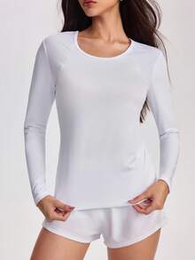 SHEIN Sports 女士纯色圆领长袖休闲运动 T 恤长袖健身衫女士女士白色运动上衣防晒衫女士长袖健身上衣白色长袖运动衫 - 白色 - 查看 1