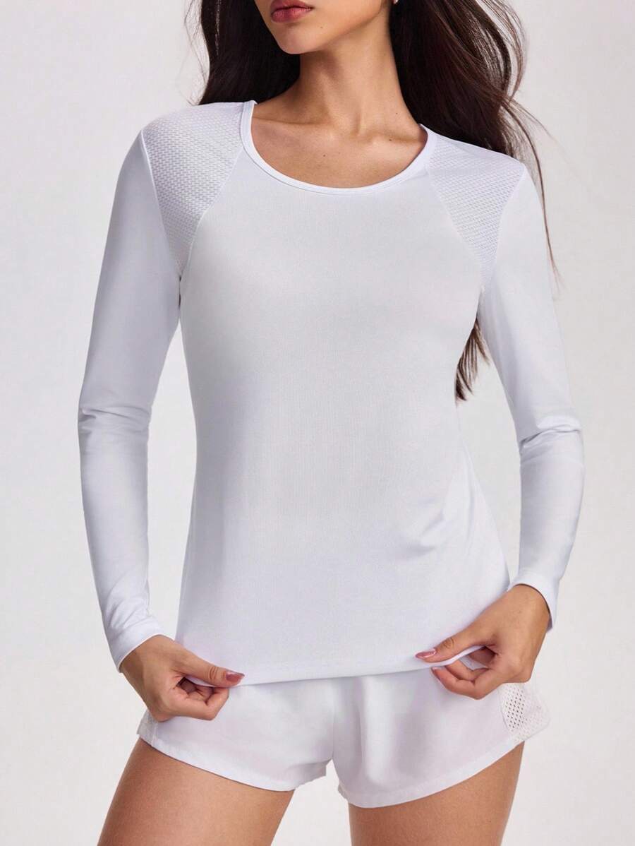 SHEIN Sports 女士纯色圆领长袖休闲运动 T 恤长袖健身衫女士女士白色运动上衣防晒衫女士长袖健身上衣白色长袖运动衫 - 白色 - 查看 1