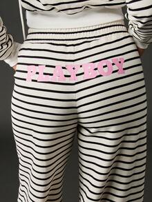 Missguided x Playboy 条纹阔腿慢跑家居裤复古风格舒适休闲裤弹性腰部休闲假日休闲裤带有粉色徽标细节 - 黑與白 - 查看 5