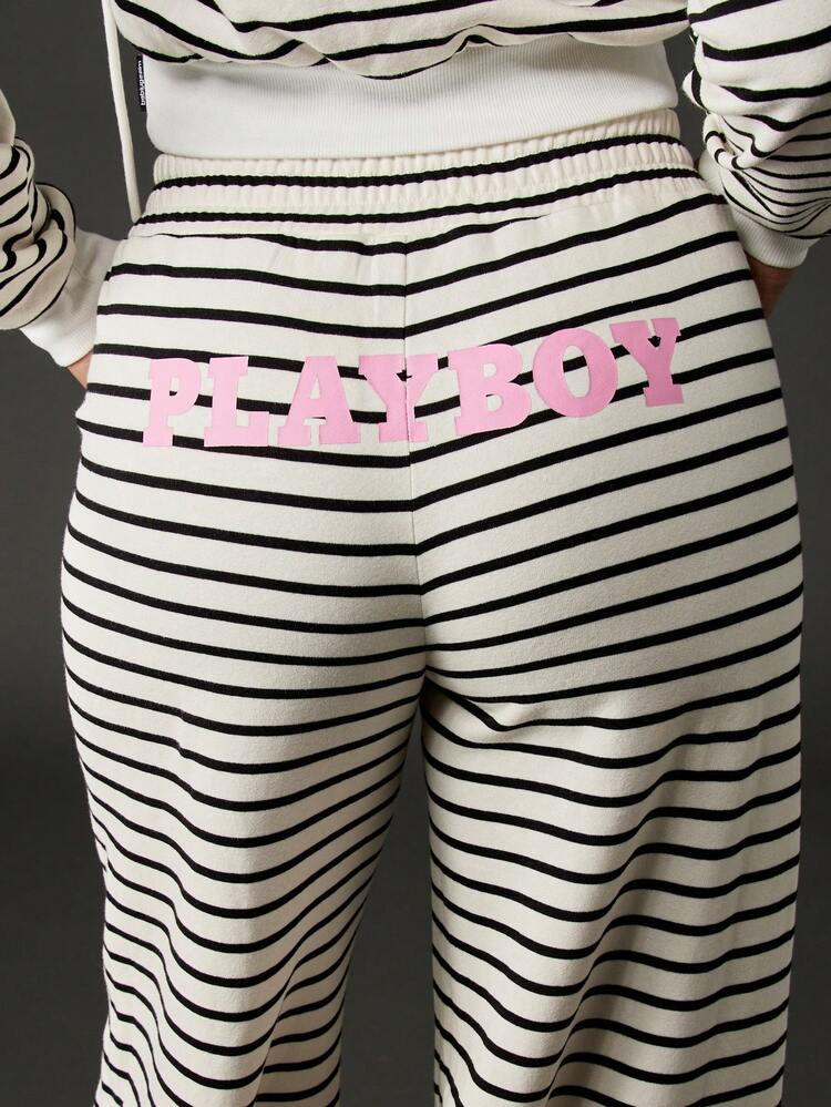 Missguided x Playboy Striped Wide Leg Joggers Loungewear Pants Retro Style Comfort Fit Casual Bottoms With Elastic Waist Relaxed Holiday Lounge Pants With Pink Logo Details