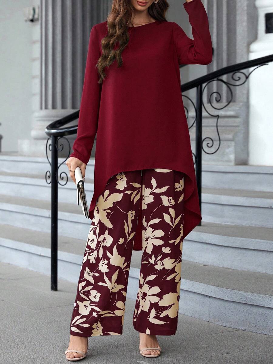 EMERY ROSE Women's Elegant Commuter Solid Color Asymmetric Hem Top & Floral Print Pants 2 Pieces Set - Burgundy - View 1
