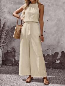 EMERY ROSE Summer Vacation Casual Solid Color Halter Jumpsuit - Apricot - View 4