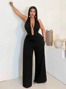 Maweii Mono de mujer talla grande con escote en V sexy, decoración de metal y hebilla, de unicolor, de moda y versátil para fiestas y reuniones - Negro - Ver 4