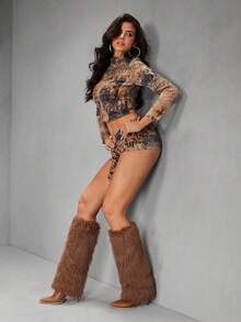 CUCCOO SZL 女士尖头高筒细高跟棕色毛茸茸腿靴，过膝长靴，时尚迷人性感火辣女士骑士靴，高筒靴 - 棕色 - 查看 9