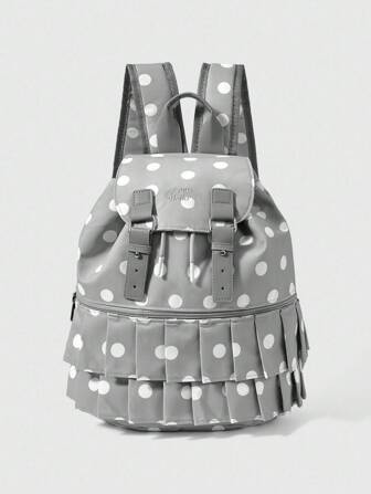 Kawaii Süßer und niedlicher gepunkteter Rüschen Patchwork Moderrucksack für Frauen, mit Musiknoten Anhänger, minimalistischer Kordelzugklappe Reisebeutel, geeignet für Schule, Reisen, passt für Laptop