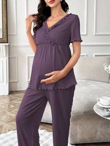 Solid Color V-Neck Ruffle Trim Short Sleeve Pants Maternity Pajama Set Maternity Pajamas Set Maternity Lounge Set Postpartum Pajamas Set Postpartum Lounge Set Purple Maternity Pajamas - Purple - View 4