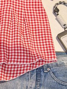 SHEIN Casuvi Kids Girls Plaid Front Button Short Sleeve Casual Shirt, Lantern Sleeve, Bowknot Pleated Waist, A-Line, Slim Fit, Suitable For Commuting And Vacation, Summer - Red - View 6