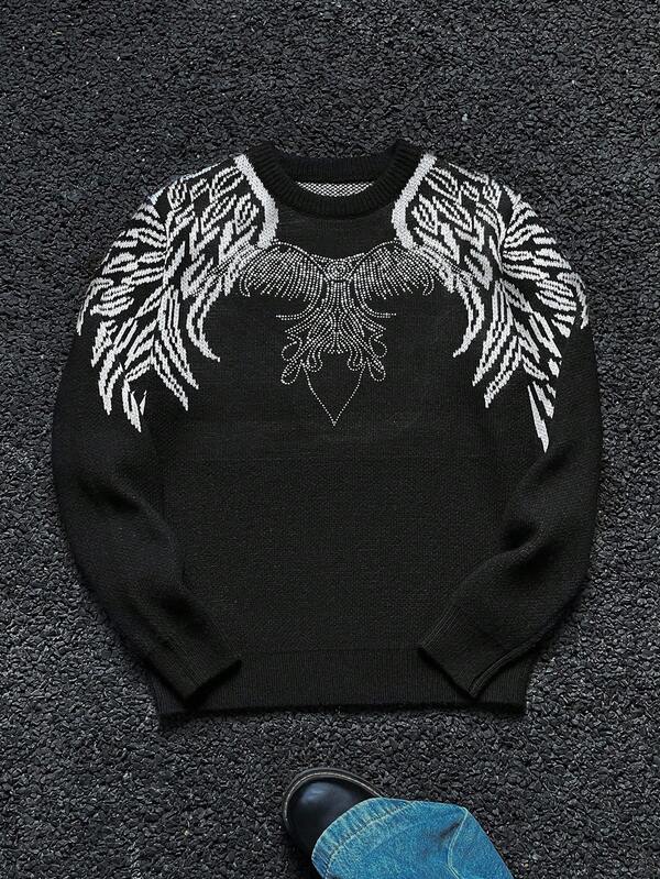 Manfinity ZONE917 Men's Autumn/Winter Fashion Street Style Wing Pattern Rhinestone Decor Pullover Sweater
