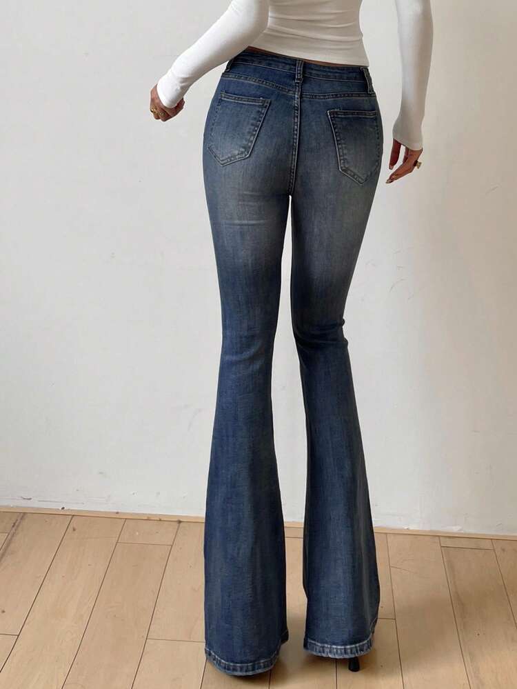 Stretchy Slim Fit Washed Blue Flare Leg Jeans, All Season Low Rise Jeans