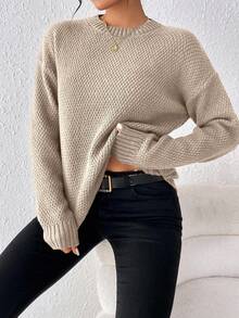 EMERY ROSE 休闲百搭纯色圆领毛衣 - 駝色 - 查看 4