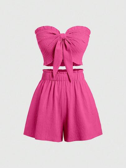 Sweetra Women's Solid Color Lace Trim Tube Top With Slim Fit Shirred Crop Top And Skirt Two Pieces Set, Summer