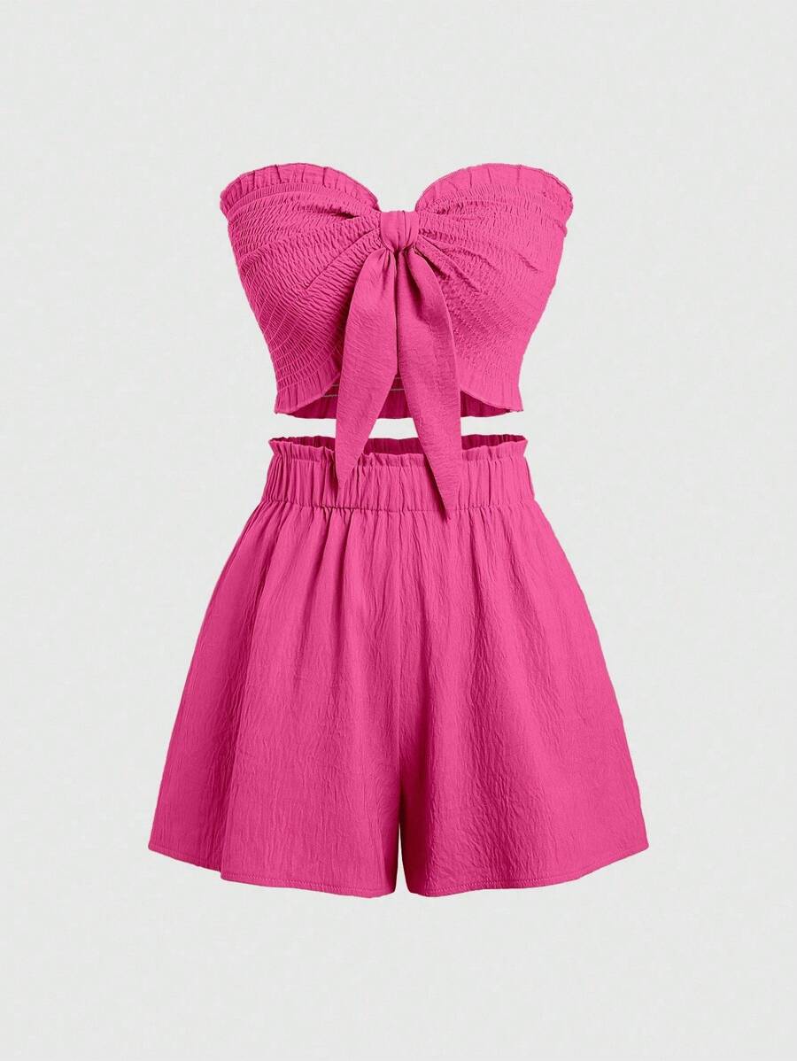 Sweetra 女式纯色蕾丝花边抹胸修身褶皱短款上衣和裙子两件套，夏季 - 玫紅色 - 查看 1