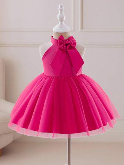 Glamorique Kids Baby Girl Fuchsia Sleeveless Bow Decor, Mesh Hem Dress, Suitable For Parties, Gatherings, Evenings, Elegant And Fall Winter