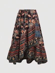 SHEIN LUNE 大码波西米亚风花卉印花不对称下摆半身裙